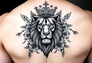 powerful majestic lion with a crown, surrounded by floral ornaments and birds tattoo idea