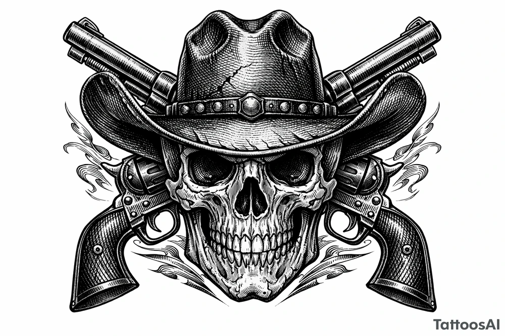 A skull with a cowboy hat, two pistols angled upwards, old-school engraving details. tattoo idea