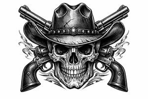 A skull with a cowboy hat, two pistols angled upwards, old-school engraving details. tattoo idea