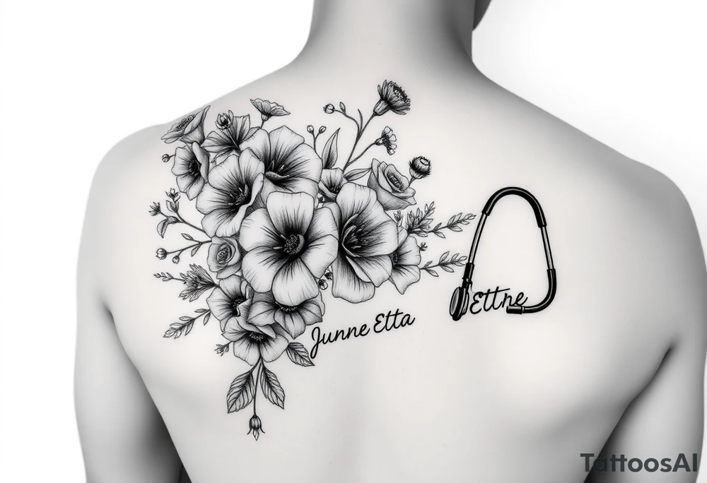6 inches tall by 4 inches wide approximately, black and white tattoo with a bouquet of hollyhocks, one wild rose, and wild flowers, include a stethoscope along the side without putting it into the bouquet and the name June Etta , make the stethoscope more noticeable and make the tattoo taller than it is wide tattoo idea