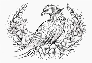 elongated phoenix in profile with claws holding flowers tattoo idea