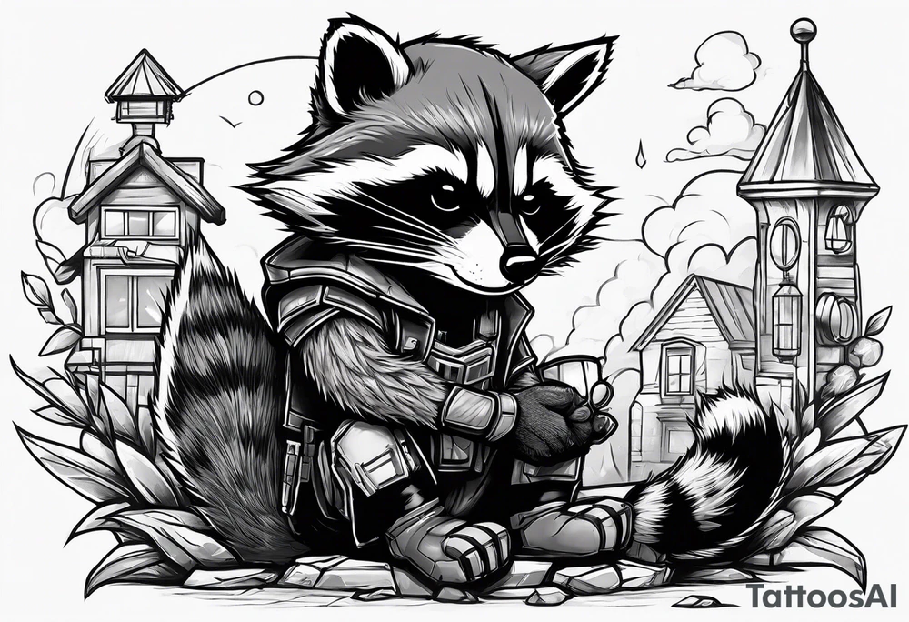 Rocket raccoon sitting with a small black  house cat tattoo idea