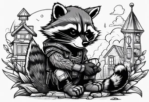 Rocket raccoon sitting with a small black  house cat tattoo idea