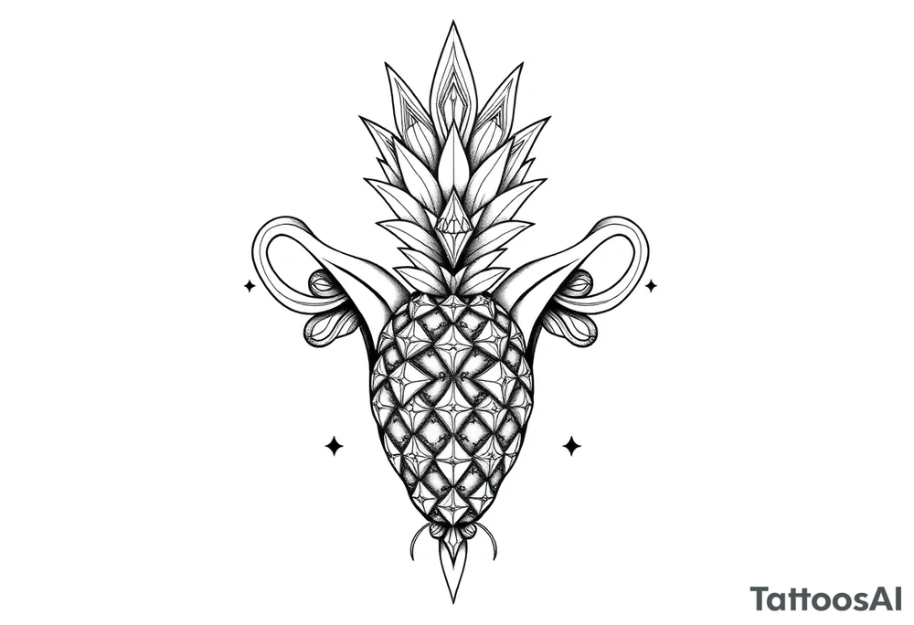 Design around a vagina and anus using a pineapple with diamonds and magestic, crown, vagina, anus, pubic tattoo idea