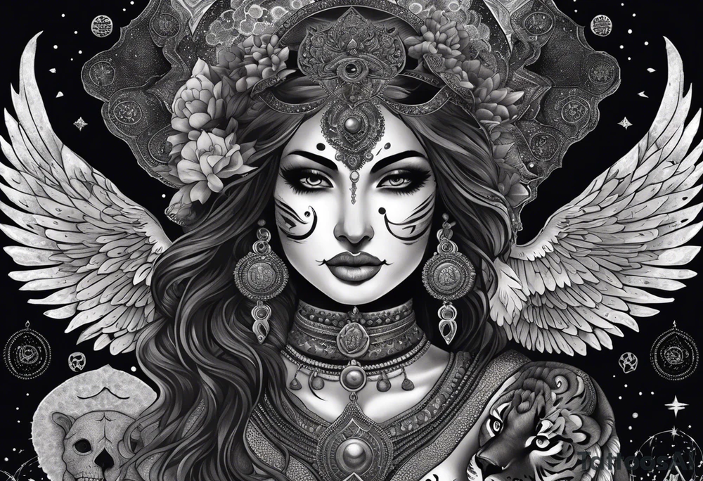 black kali, goddess pirate, alien, angel, pachamama, valkrye, warrior, flying, skull, lotus azul, wing, eagle, zenza resonance, stars, 5D, anahata chakra, death, durga, riding on a tiger, flying lady, kundalini, chest tatoo, samuri, rebel,serpent tattoo idea