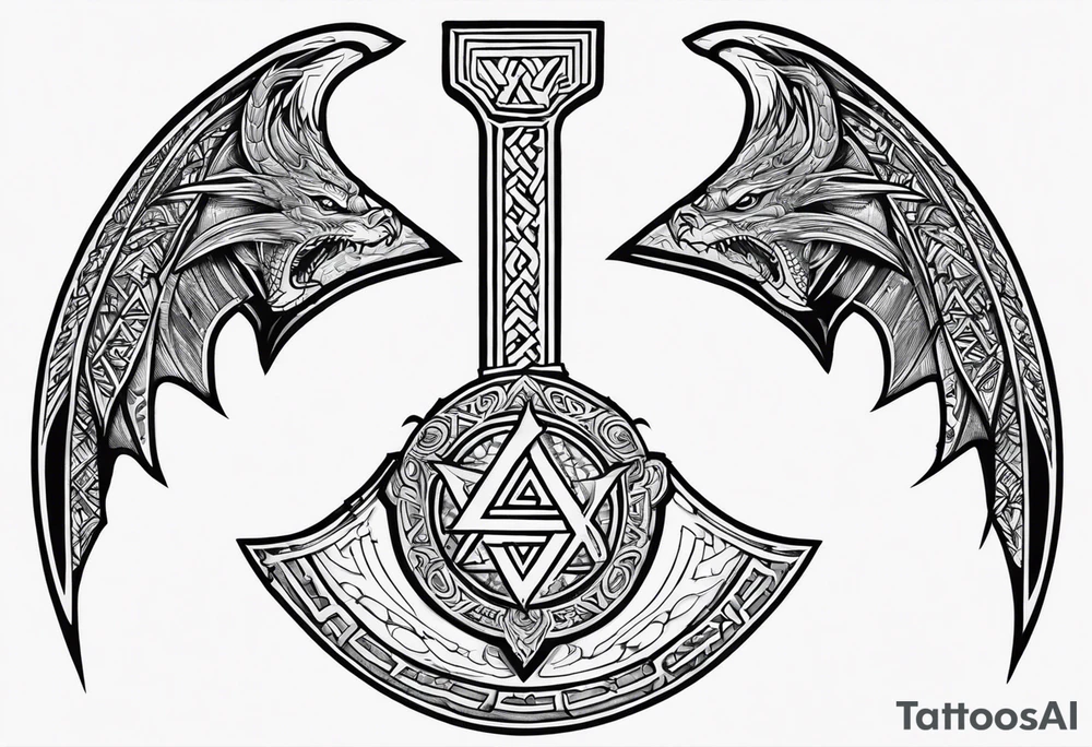 Valhalla sword shield dragon axe Valknut tattoo idea