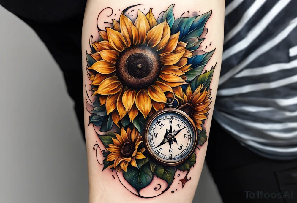 Sunflower next to a compass tattoo idea