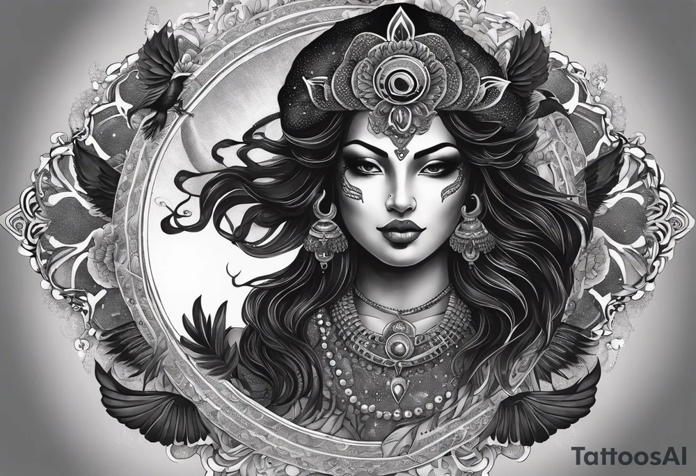 black kali, goddess pirate, alien, angel, pachamama, valkrye, warrior, flying, skull, lotus azul, wing, eagle, zenza resonance, stars, 5D, anahata chakra, death, durga, riding on a tiger, flying lady, kundalini, chest tatoo, samuri, rebel, serpent tattoo idea