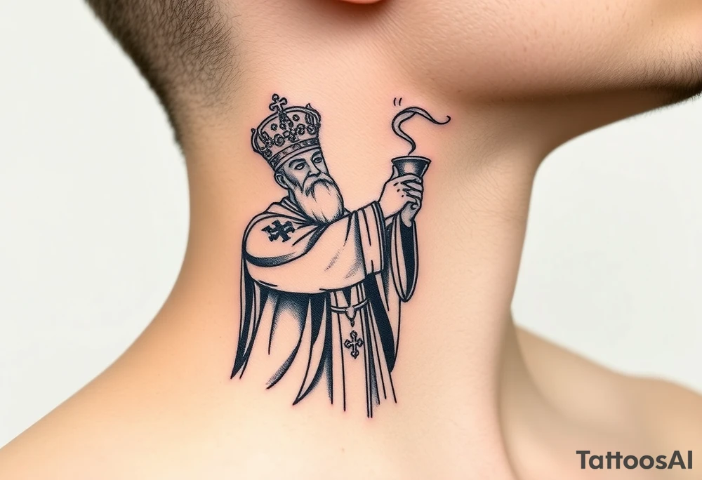 Russian Orthodox Priest in a fully detailed gold vestment swinging a censer with smoke curling upward tattoo idea