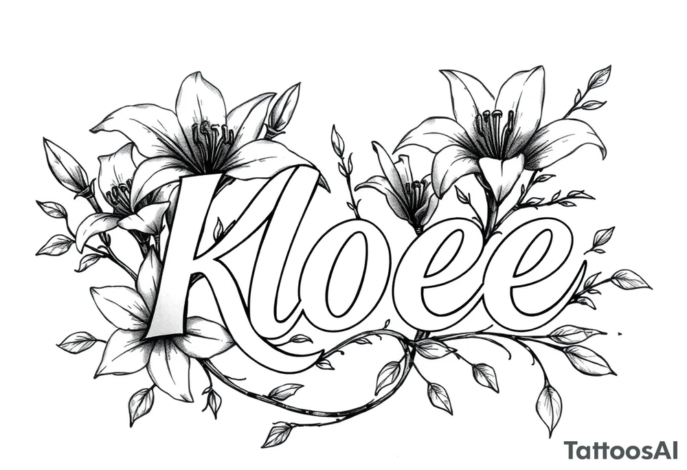The word Kloee surrounded by big
lilies with the vines in letters tattoo idea