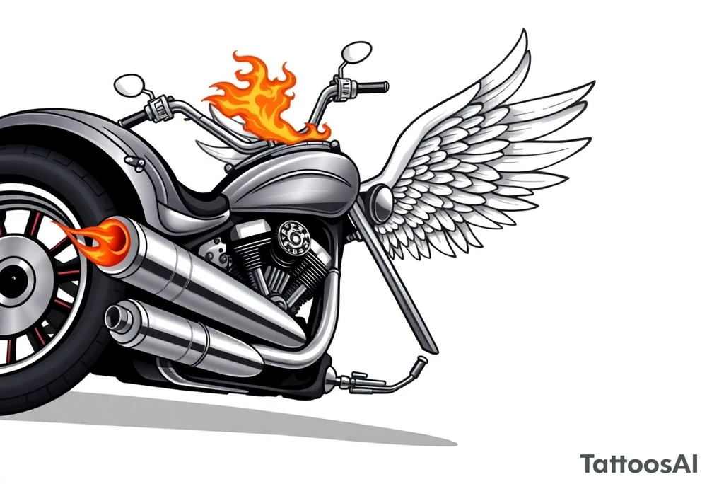 Low rider grey motorcycle, big muffler pipes with flames, angel wings, driving away, no person tattoo idea