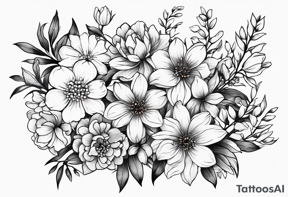 Small tattoo flower bunch using July flower, November flower, May flower, May flower, August flower and February flower tattoo idea