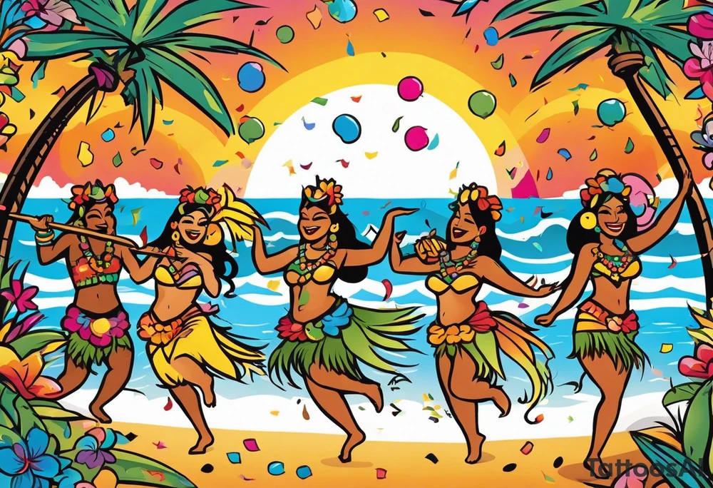 dancing tiki gods dance party on the beach with a sunset in the center of the image with confetti and music notes and sexy hula girls doing limbo in the center tattoo idea