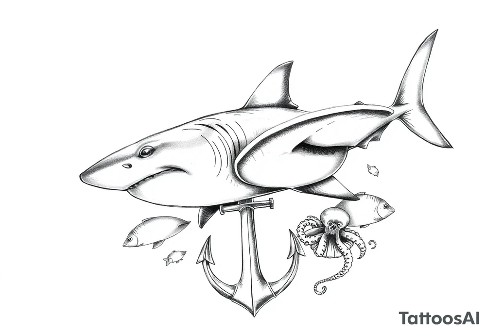 a hammerhead- shark, under it an anchor,fishes,jellyfisches,octopus. tattoo idea