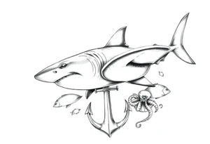 a hammerhead- shark, under it an anchor,fishes,jellyfisches,octopus. tattoo idea