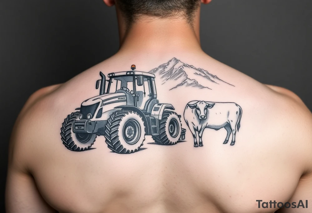 massey Ferguson tractor, cow and mountian tattoo idea