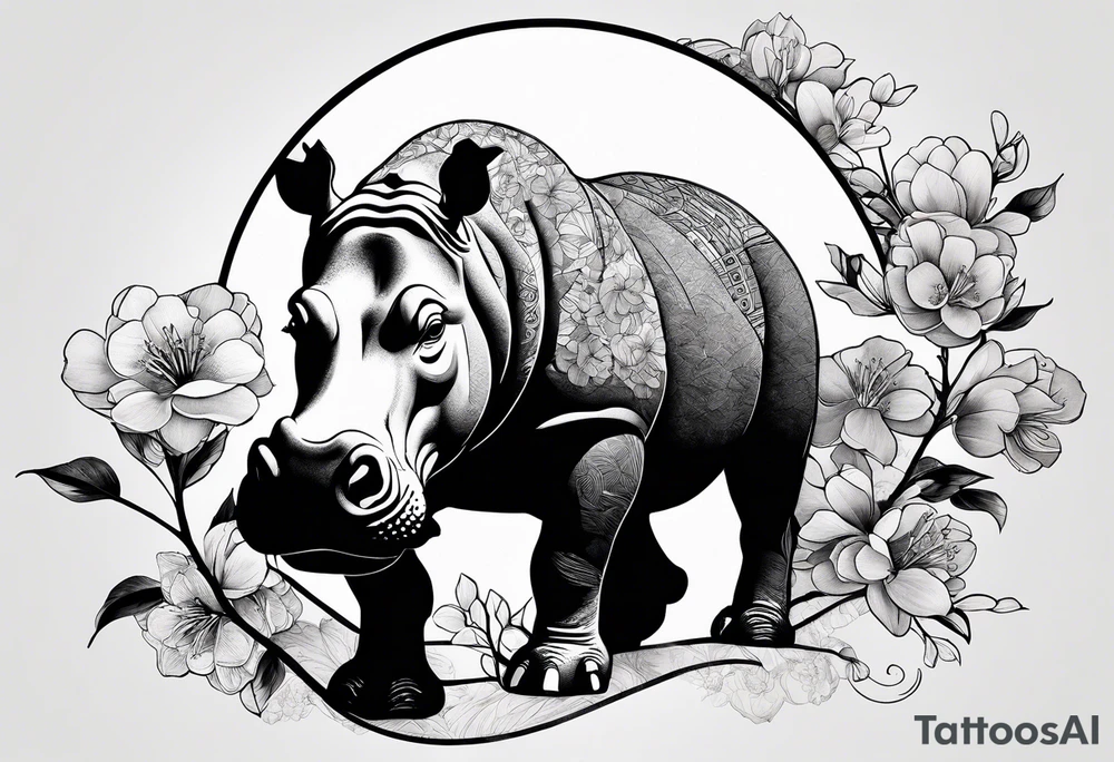 Asymmetrical, geometric, chinese ink art touch, hippo , full moon, wintersweet flower, light , modify from my favourite tattoo idea
