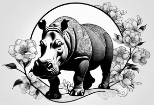 Asymmetrical, geometric, chinese ink art touch, hippo , full moon, wintersweet flower, light , modify from my favourite tattoo idea