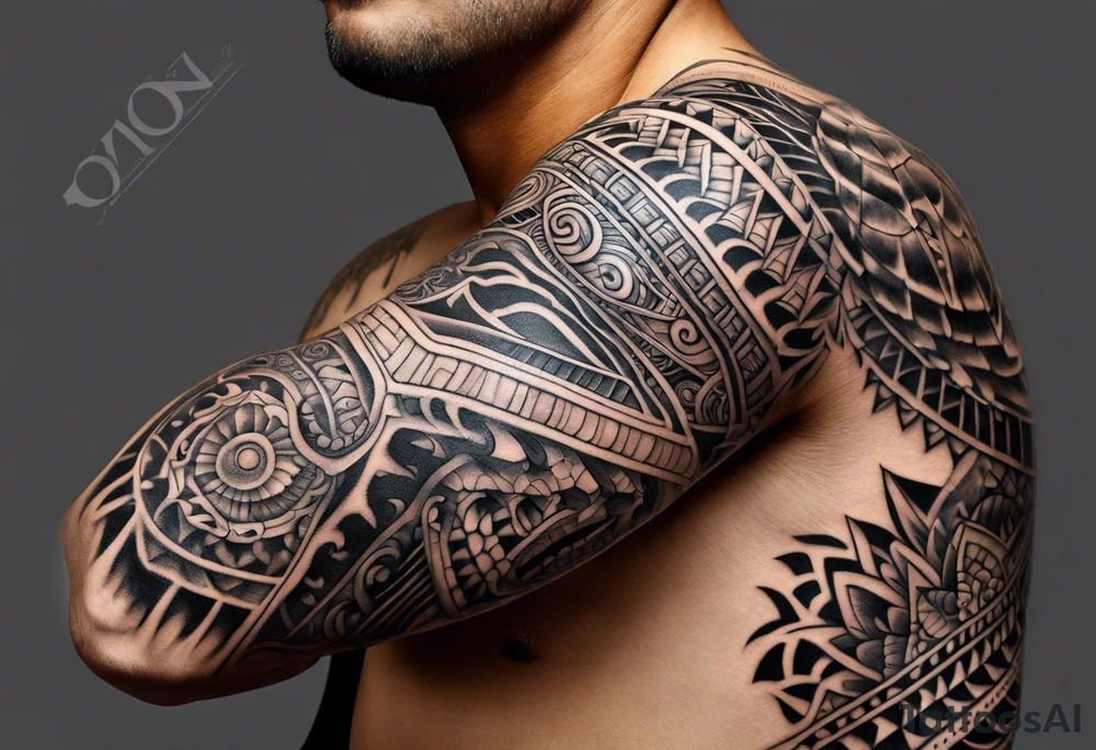 Full Polynesian tribal sleeve with turtle on top on arm tattoo idea