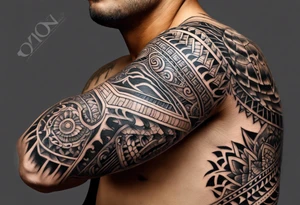 Full Polynesian tribal sleeve with turtle on top on arm tattoo idea