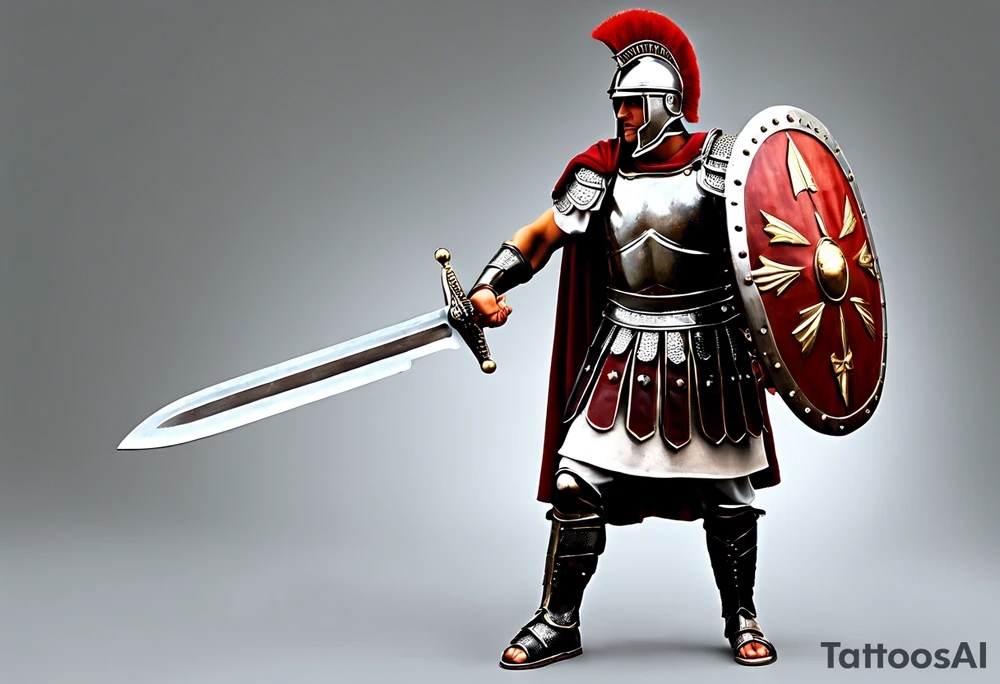 a high ranking roman centurion, soldier, AD 60, wearing armour which must include an armoured belt, breastplate, armoured shoes, shield, helmet and sword. the soldier is strong, tall, large, fit, muscular. the soldier is faceless. We can see the full body of the centurion, from his shoes to his helmet. The soldier is mid-battle, fending off flaming arrows with his shield, advancing towards the enemy, attacking the enemy. attacking pose. The image should be extremely detailed. Need to see the full soldier. tattoo idea