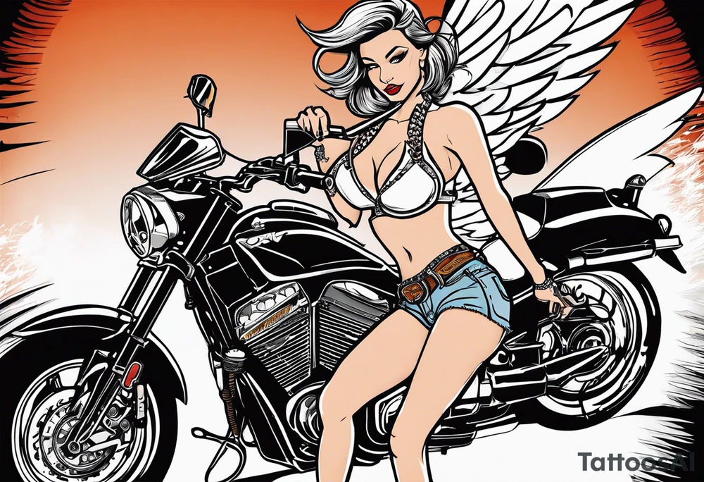 Sexy, feminine, gangster girl hoding a 32 cal. Tomcat in 1 hand & lighting a cig w the other angel/devil, riding a cbr600rr silver, mason symbol, "cowboy up" handwriting, tattoo idea