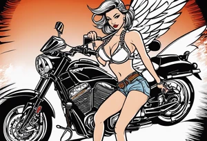 Sexy, feminine, gangster girl hoding a 32 cal. Tomcat in 1 hand & lighting a cig w the other angel/devil, riding a cbr600rr silver, mason symbol, "cowboy up" handwriting, tattoo idea