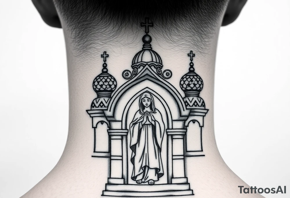 Flowing Scene

A onion domes orthodox church
Virgin Mary in prayer pose on the front doors of the russian orthodox church 
A small double headed russian coat of arms eagle or just the star tucked above the dome near the hairline tattoo idea