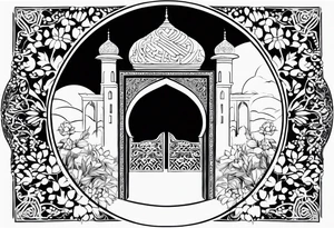 Arabian town garden gate entrance circle vignette surrounded clouds floral tattoo idea