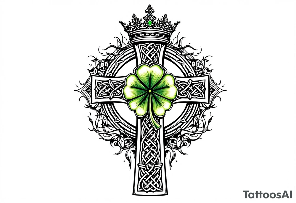 Masculine Celtic cross tattoo featuring intricate knotwork patterns along the arms and base of the cross. At the heart of the cross, place a vibrant four-leaf clover, its leaves shaded with subtle gradients of green, symbolizing luck and unity. Above the cross, incorporate a regal crown adorned with ornate details, such as small gemstones or filigree, to signify authority and strength. Behind the cross add more celtic knots surrounding it tattoo idea