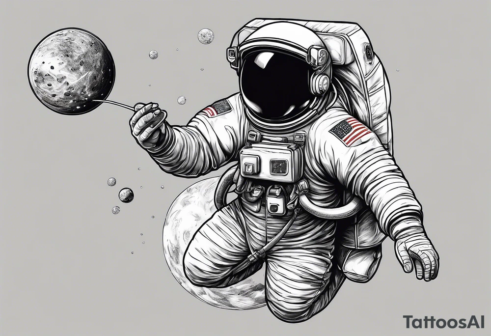 a picture of an astronaut eating a corn dog while floating in space showing the full body tattoo idea