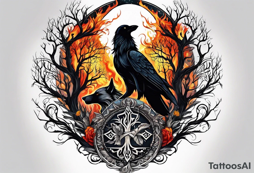 Germanic warrior
  tree of life on fire

wolf and a raven tattoo idea
