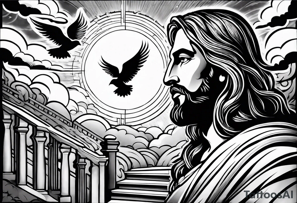 Jesus standing on a flight of stairs looking down with clouds, sunshine and a dove in the background on the upper arm tattoo idea