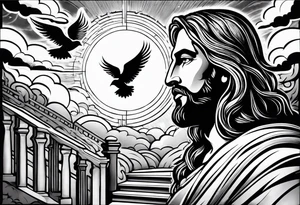 Jesus standing on a flight of stairs looking down with clouds, sunshine and a dove in the background on the upper arm tattoo idea