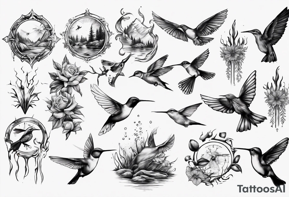 Wasser, Nymphe, Fisch, Hirsch, Wald, Waffe, Sonne, Kolibri tattoo idea