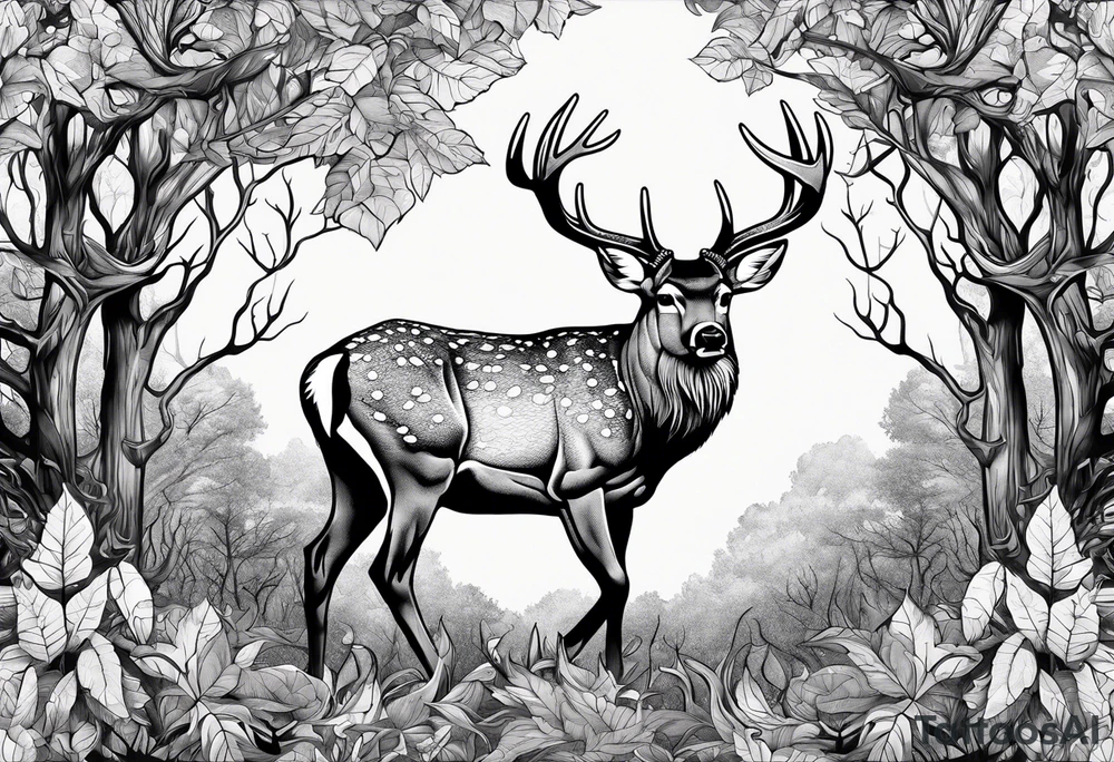 Black and white nature forest with whitetail buck fading through the leaves tattoo idea