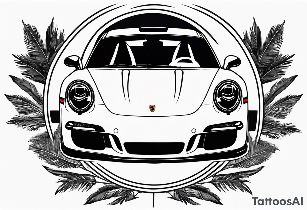 laurel wreath with porsche car inside and palm tree tattoo idea