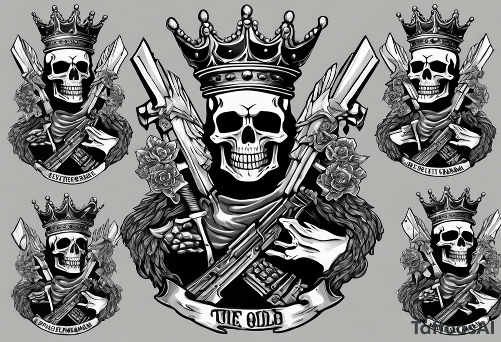 image of a skeleton standing frontally with a crown on his head, holding an AK-47 on his shoulder with his right hand. The chain on the left should be taut, there are three angry barking Dobermans in it, near the waist tattoo idea