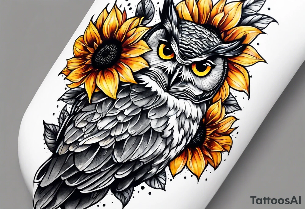 Arm sleeve with colorful sunflowers and an owl tattoo idea
