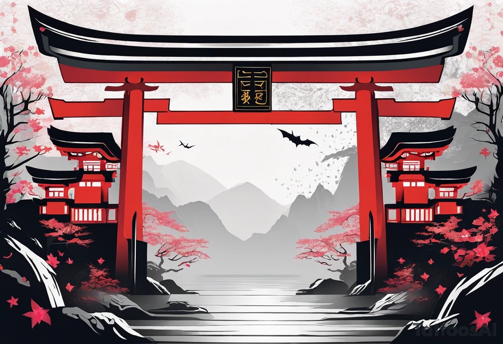 glimpse of torii gate in biomechanical style. 15% of size, placed in bottom 

Above the gate is a bust of Dominant demonic and formidable face with royal king features, has a slight evil grin and a devil fang teeth, similar to skull features, framed by deep-set glowing galaxy eyes, head has crown of prominent purple deep blue flames (Not standalone horns) with intricate recognizable swirling galaxy and peacock feather textures.

face has intricate swirling biomechanical tattoo texture. prominent colours are blue, violet, deep purple, with orange highlights.

face has braids hanging with feathers at end. face is 85% of size and is above gate tattoo idea