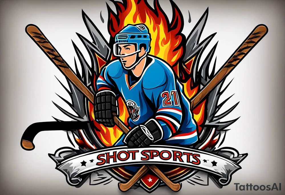 puck with crossed hockey sticks in the background and flames that says "SHOT SPORTS" tattoo idea