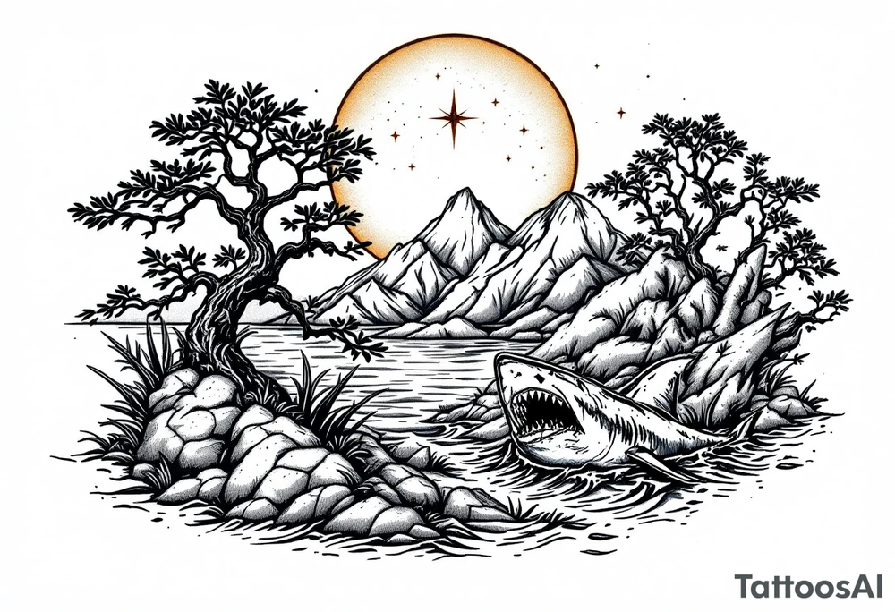 tattoo that has an acacia tree with mountains, ocean with a ship wreck with sharks and the northern star tattoo idea