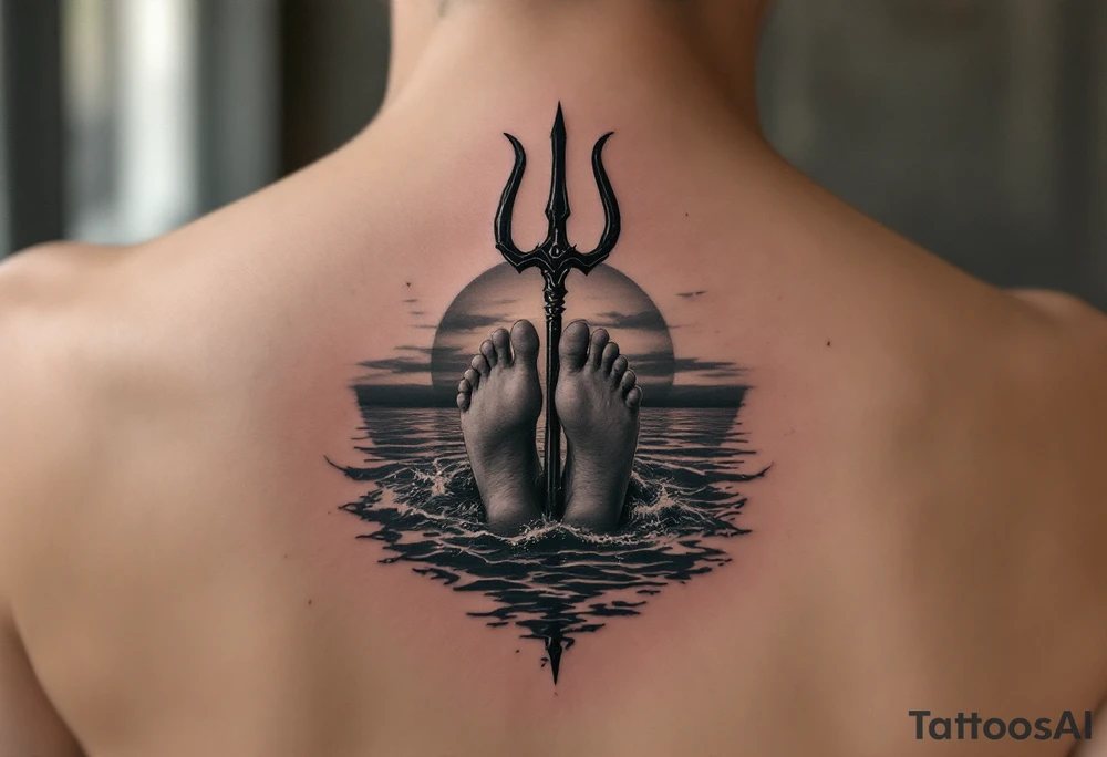 barefeet behind trident with water and sunset tattoo idea