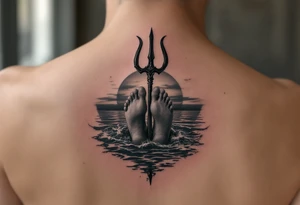 barefeet behind trident with water and sunset tattoo idea