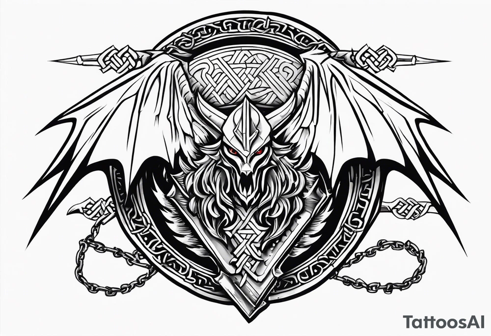 Valhalla sword shield dragon axe Valknut barbed wire chains tattoo idea Valhalla sword shield dragon axe Valknut barbed wire chains tattoo idea