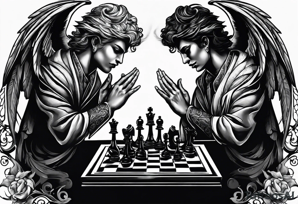 an angelic hand making a strategic move on one side of the chessboard, while the demonic hand on the other side counteracts, symbolizing the timeless struggle. tattoo idea