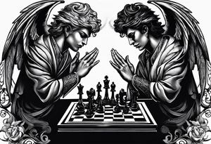 an angelic hand making a strategic move on one side of the chessboard, while the demonic hand on the other side counteracts, symbolizing the timeless struggle. tattoo idea
