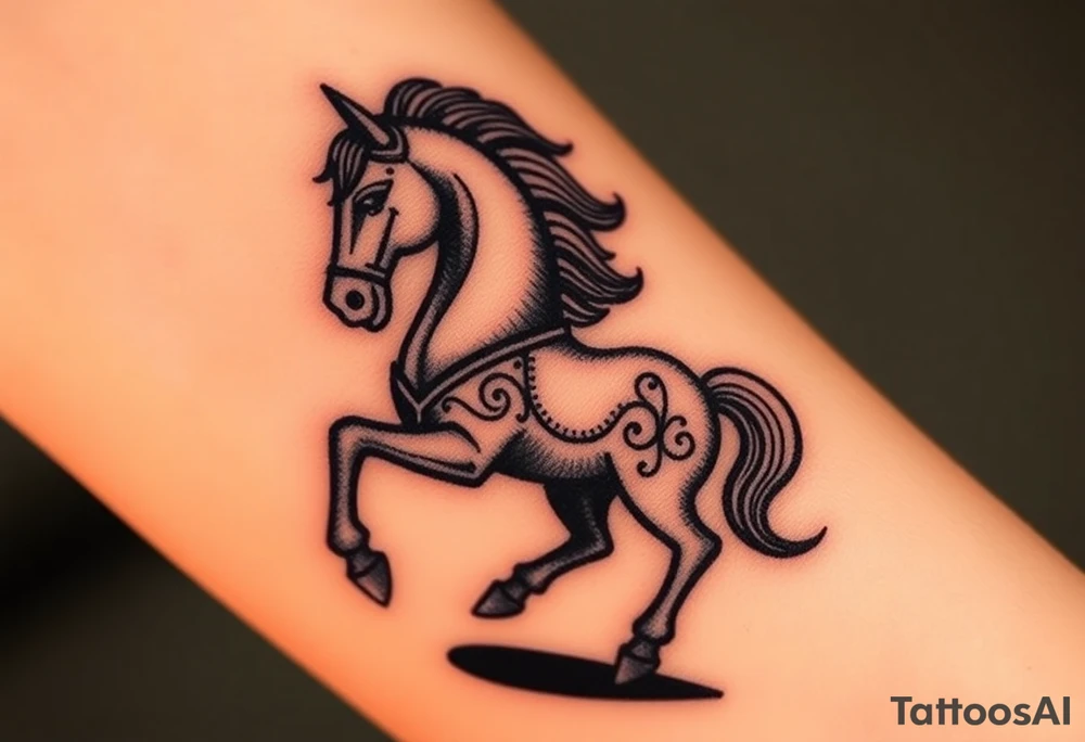 a knight of chess piece. it doesnt have legs, it's a chess piece. The knight piece is depicted in motion, slightly tilted forward as if it's charging or coming out of the shadows. The knight’s face is detailed but with a focus on the horse's strong features: its mane flowing in the wind, and the body etched with intricate details to represent strength and agility. The knight is emerging from a shadow, with the front part of the body illuminated in soft, warm light. The shadowed portions near the back and tail create a mystical aura. tattoo idea