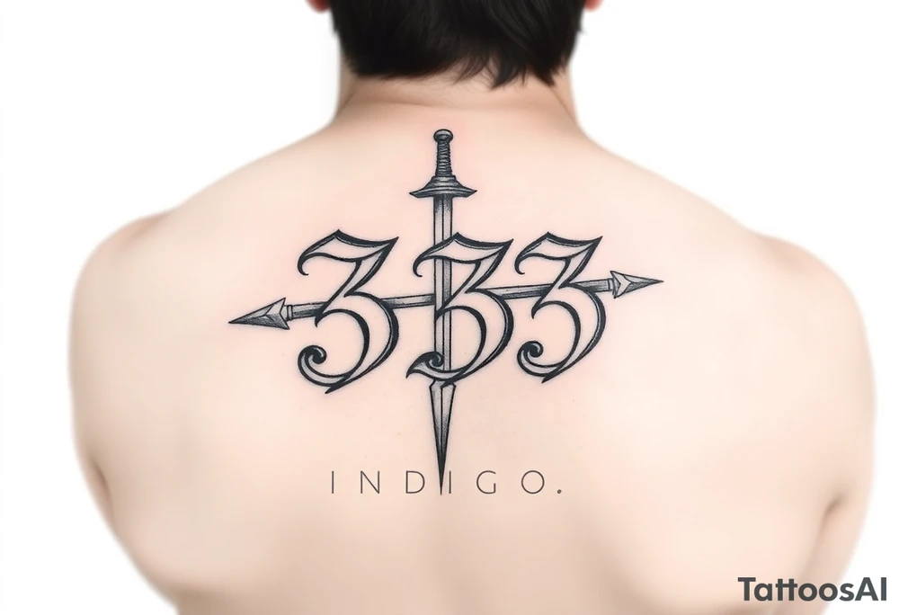 The number 333 stabbed through the name indigo tattoo idea