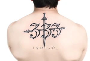 The number 333 stabbed through the name indigo tattoo idea